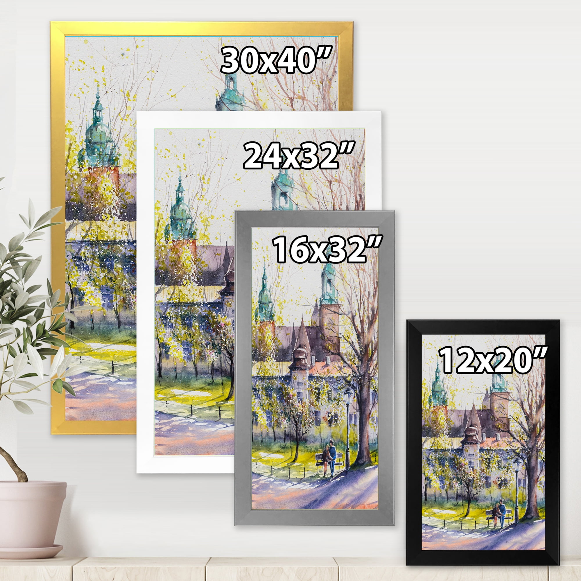 Designart 'Castel Through The Trees of The Park With Couple Sitting on Bench' Country Framed Art Print