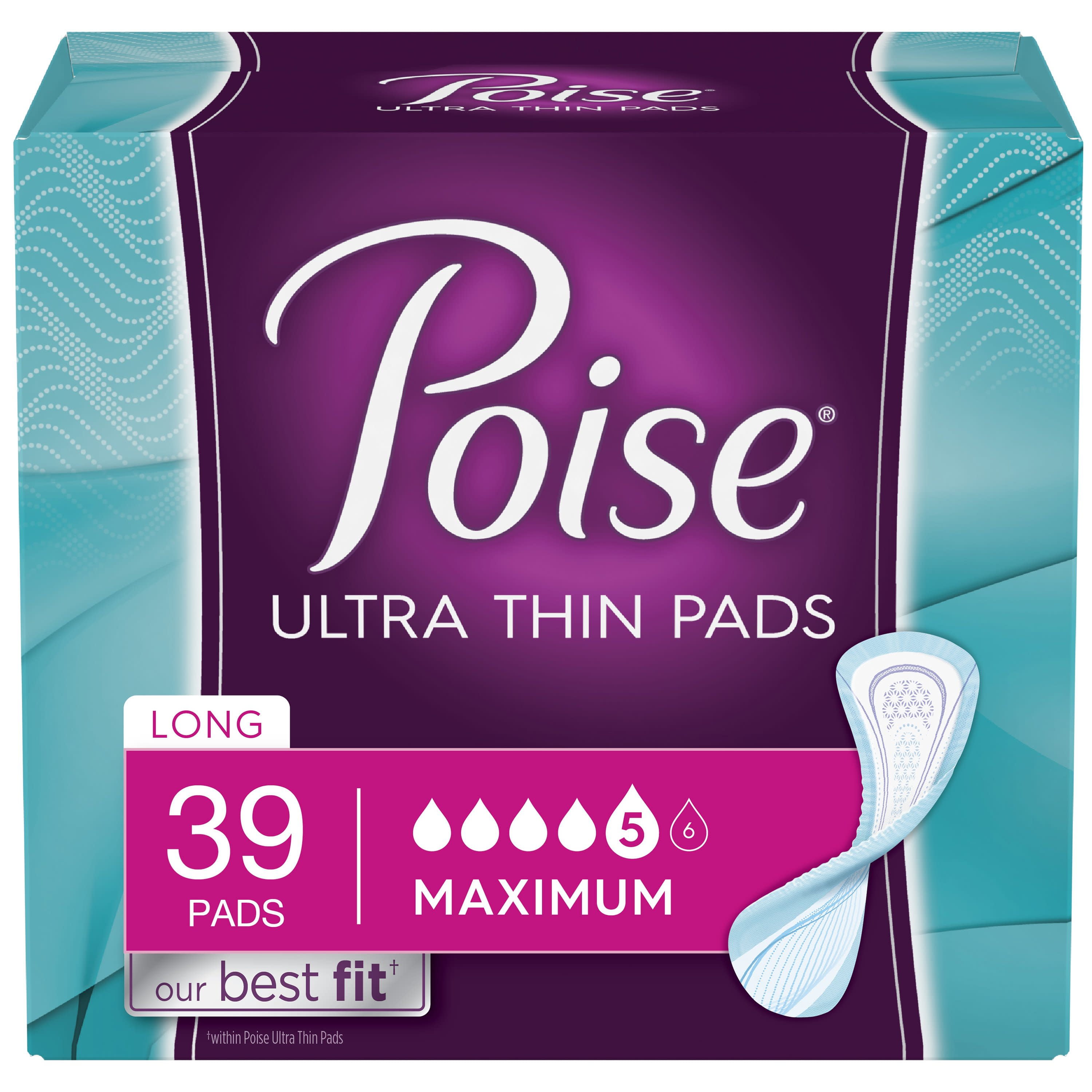 Poise Ultra Thin Incontinence Pads, Maximum Absorbency, Long, Unscented