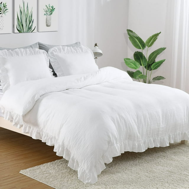 White Ruffled Duvet Cover Twin, 2PCS Soft Washed Microfiber Vintage