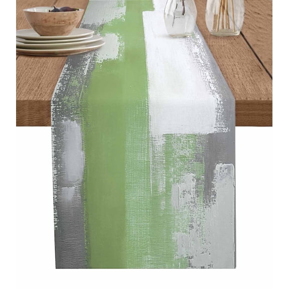 Ldtrchee Sage Green Gray Table Runner 70 Inches, Modern Oil Painting Geometric Abstract Bed Runner Dresser Scarves Tabletop for Indoor Outdoor Parties/Ceremony/Banquet, 13" x 70"