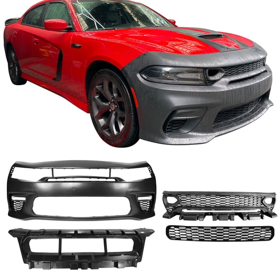 Ikon Motorsports Front Bumper Set Compatible With 2015-2023 Dodge Charger Widebody Style Front Bumper Cover & SRT Style Upper Grille & Lower Grille & Foglight Cover /W Lights Lamp