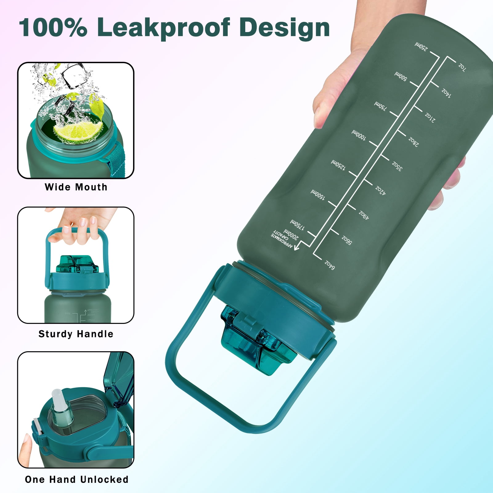 Avocado 64 Oz Water Bottle with Measurements - BPA Free Leakproof Sport Large Plastic Water Bottle with Straw Strap & Insulated Neoprene Holder Carrier Bag Great Gift for Women Men