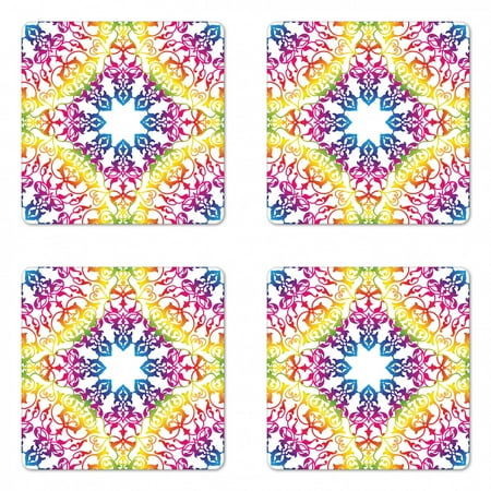 

Ethnic Coaster Set of 4 Abstract Ombre Vivid Rainbow Colored Mandala Tie Dye Effect Flower Kids Hippie Print Square Hardboard Gloss Coasters Standard Size Multicolor by Ambesonne
