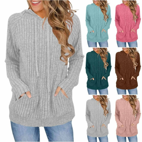 Fancifize Womens Ribbed Knit Sweaters Hoodies V Neck Long Sleeve Pullover Sweatshirts for Fall Trendy Outfits with Pocket