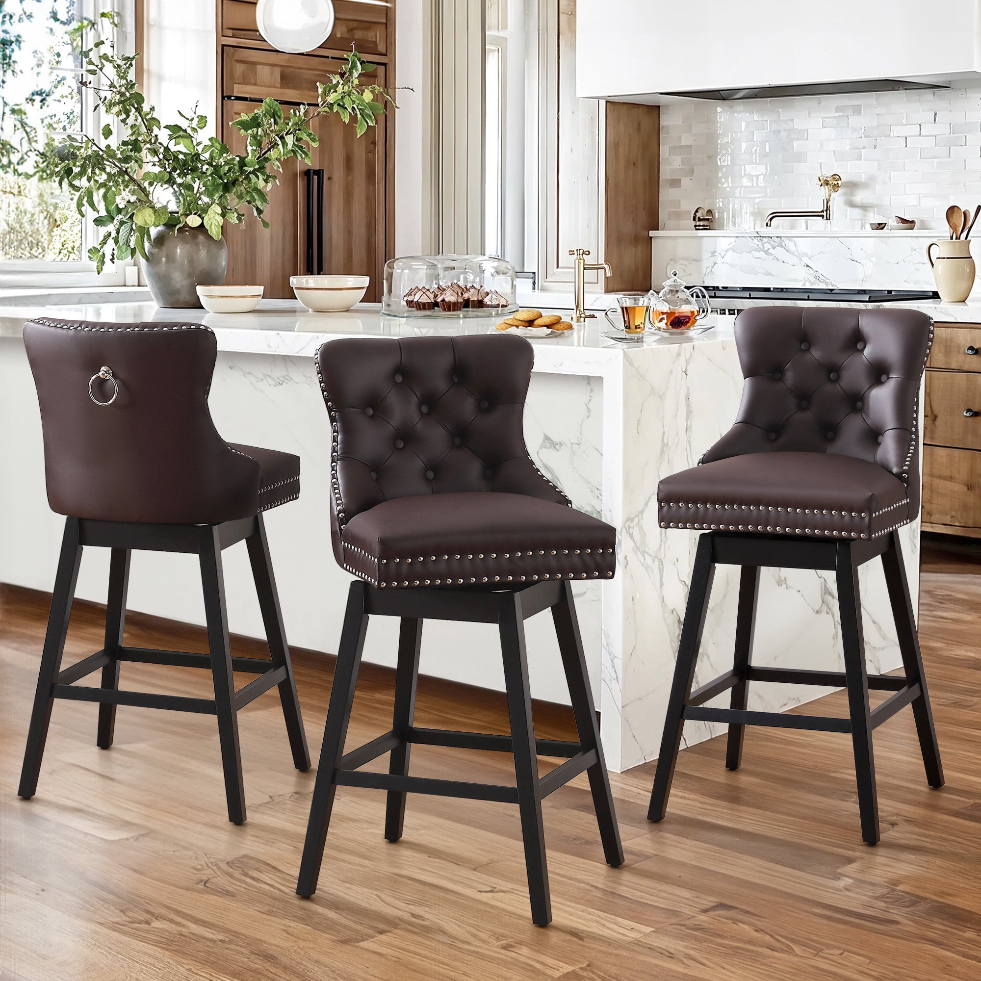 Tewloss 26" Swivel Bar Stools Set of 3 Leather Counter Height Chairs for Home Kitchen Dining, Brown