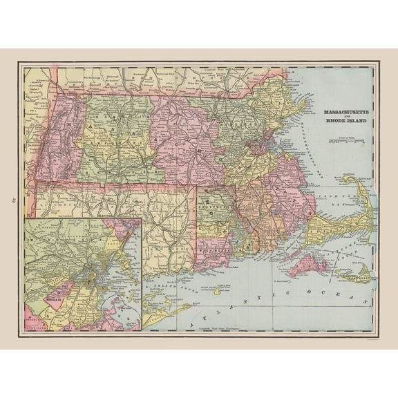 Historic State Map - Massachusetts Rhode Island - Cram 1892 - Vintage Wall Art