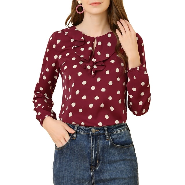 Allegra K Blouse à Manches Longues à Col à Volants pour Femmes P Bourgogne