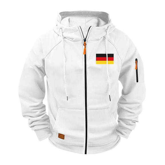 Mens Cargo Jackets Hooded Drawstring Stand Collar Front Zip Flag Print Coat Casual Sports Outwear With Multi Pockets (XL, White-A)
