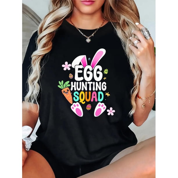 Egg Hunting Squad Rabbit Easter Print Crew Neck T-Shirt, Women Graphic T Shirts, Casual Short Sleeve T-Shirt For Spring & Summer, Women's Clothing