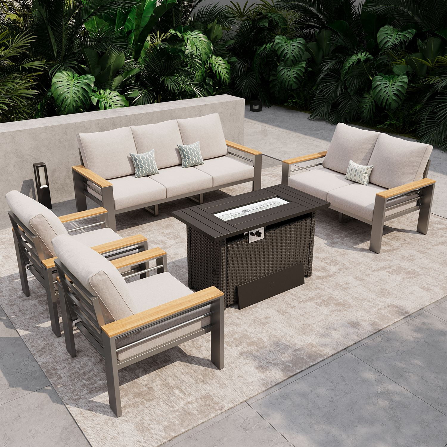 LazySunsets 5 Piece Aluminum Patio Furniture Set, 7-Seat Oversized Outdoor Sectional with Fire Pit Table, Light Gray