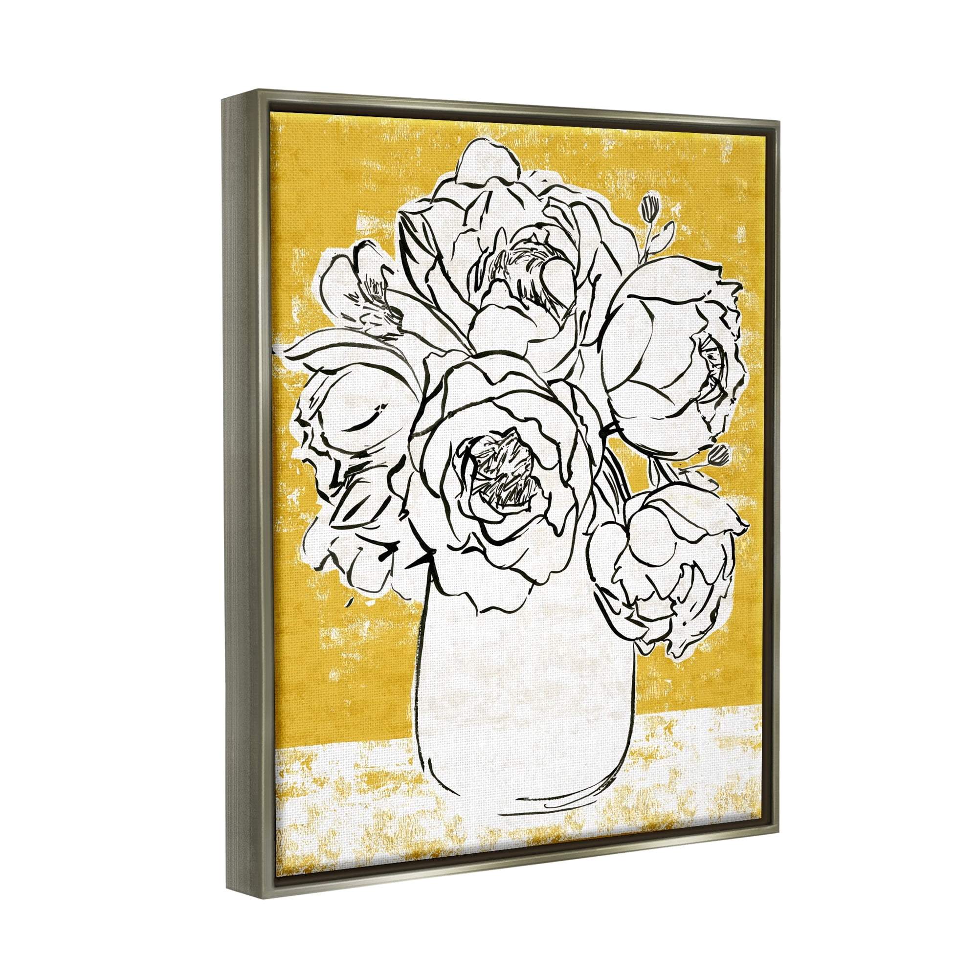 Stupell Industries Peony Sketch Bouquet Contrasted Distressed Yellow Luster Gray Framed Floating Canvas Wall Art, 24x30, by Annie Warren