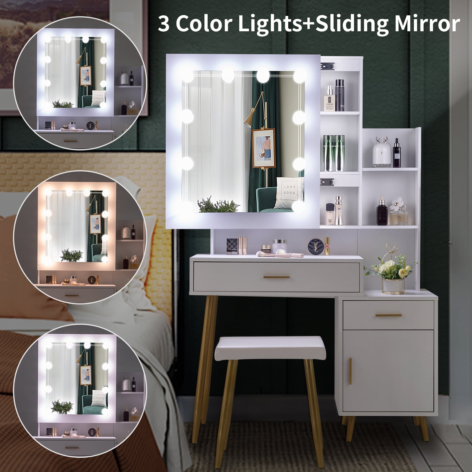 Ktaxon Vanity Set with 3 Color Lighted Mirror, Makeup Table with 3