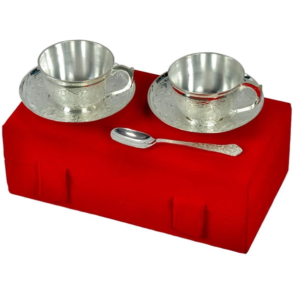 Ensemble de Tasses à Thé Plaqué Argent avec Boîte en Velours Rouge / 2 Tasses & Assiettes