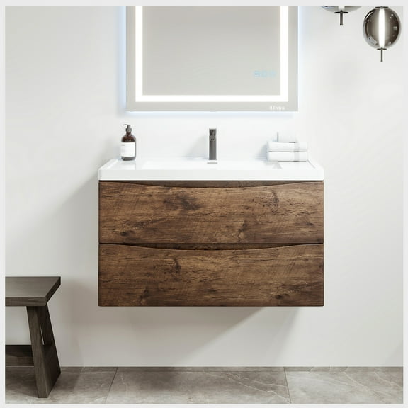 Eviva Smile 36" Rosewood Modern Bathroom Vanity Set with Integrated White Acrylic Sink