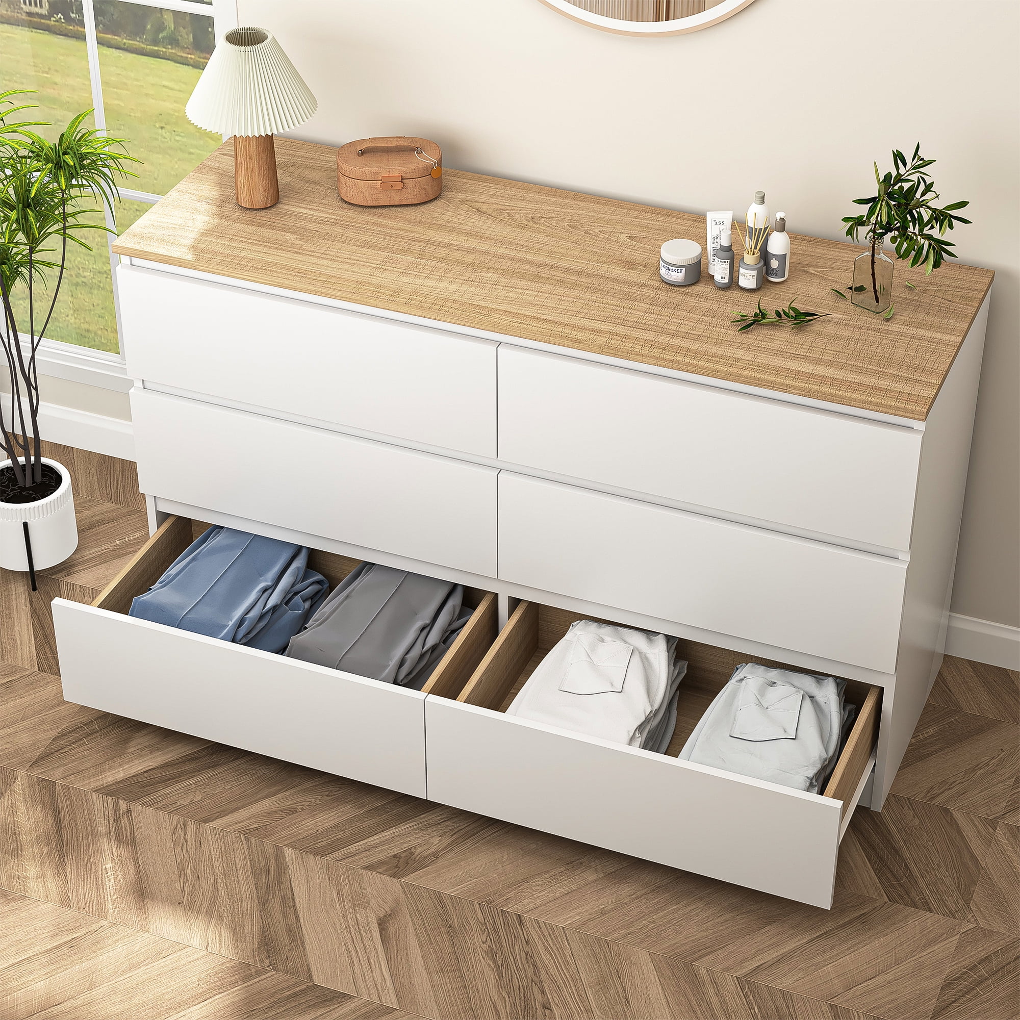 Demi Bonn 6 Chest of Drawers Dresser for Bedroom, Wide Storage Organizer Cabinet with Natural Color Tabletop for Living Room, Hallway, White