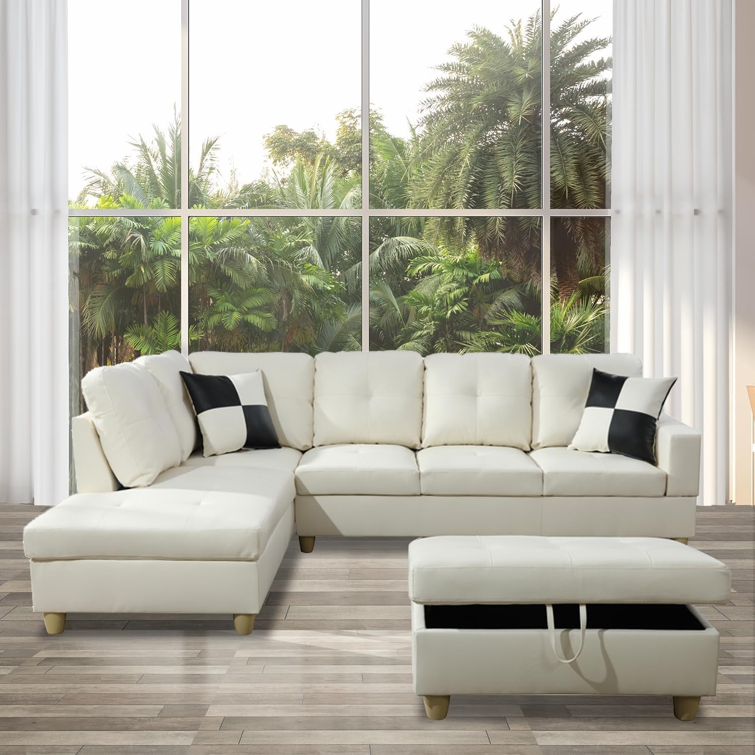 Wzlam Sectional Sofa Modern L Shaped 6 Seat with Storage Ottoman Couch Set, Faux Leather Sofa, White, Right Chaise