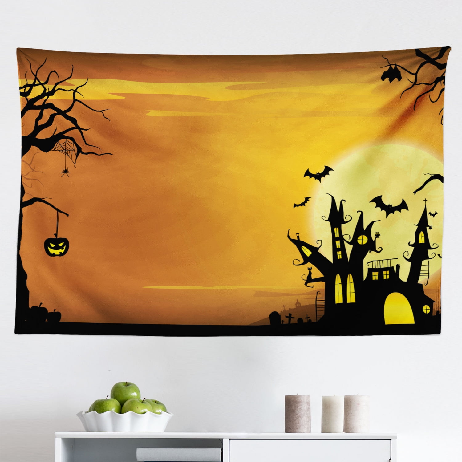 Halloween Tapestry, Drawing of Scary Halloween Pumpkin Enchanted Forest