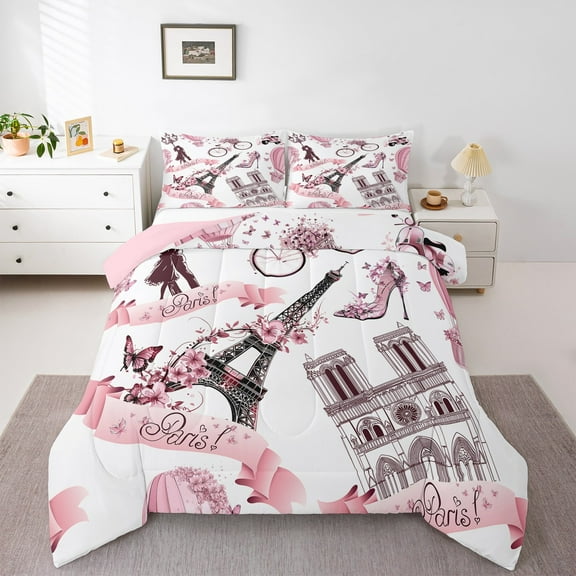Manfei Paris Eiffel Tower Bedding Comforter Set,Pink Butterflies Flower Twin Comforter Sets,Romance Valentine'S Day Bedding Set,Microfiber Room Decor Reversible,2-Piece