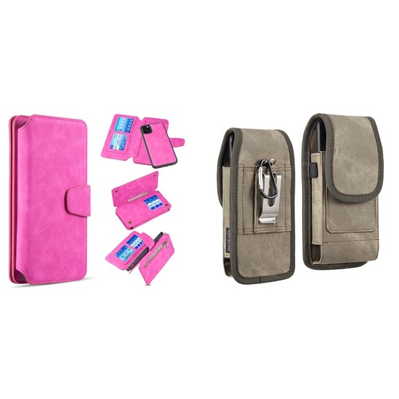 Clutch Wallet Detachable Case and Belt Holster Pouch for iPhone 14 Pro Max (Hot Pink/Brown)