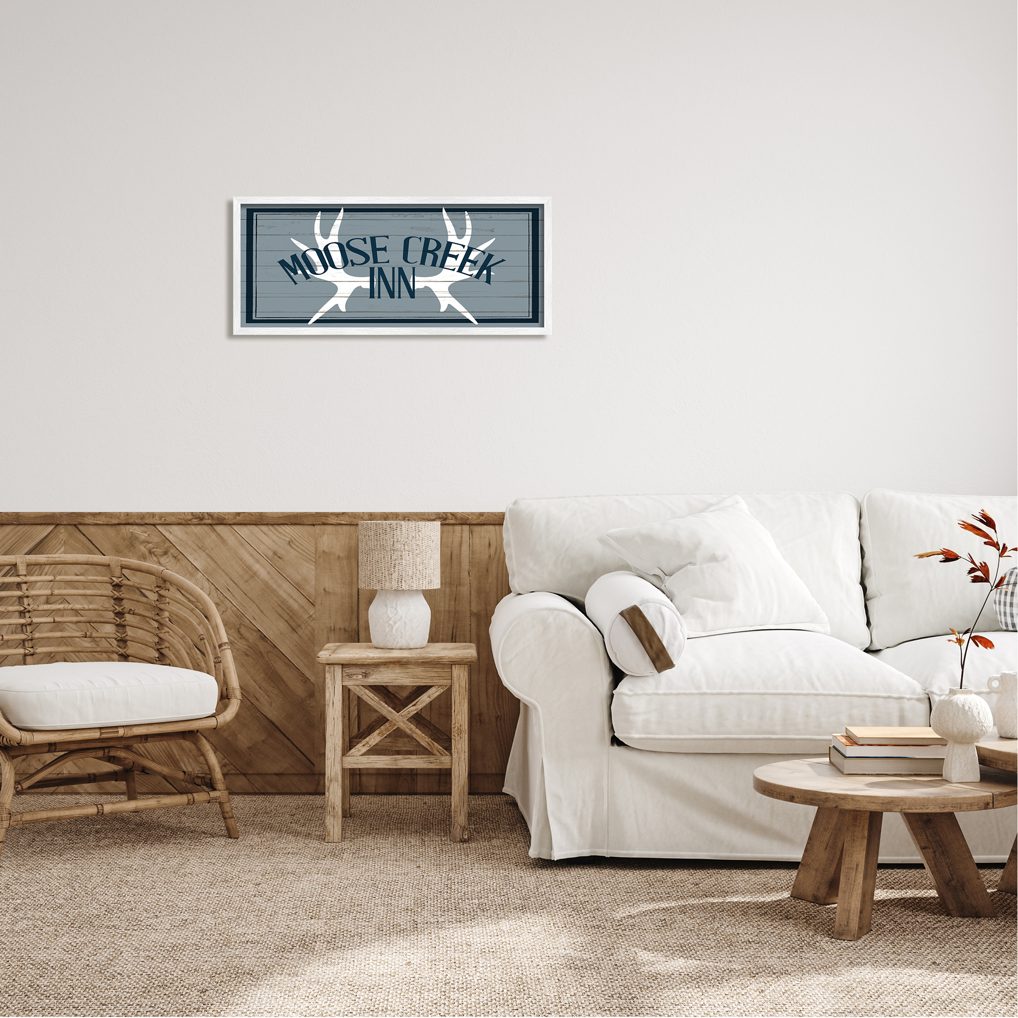 Stupell Industries Blue Moose Creek Inn Sign Rustic Antlers Cabin Theme Framed Wall Art, 30 x 13, Design by Kim Allen