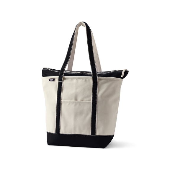 Lands' End Large 5 Pocket Zip Top Long Handle Canvas Tote Bag