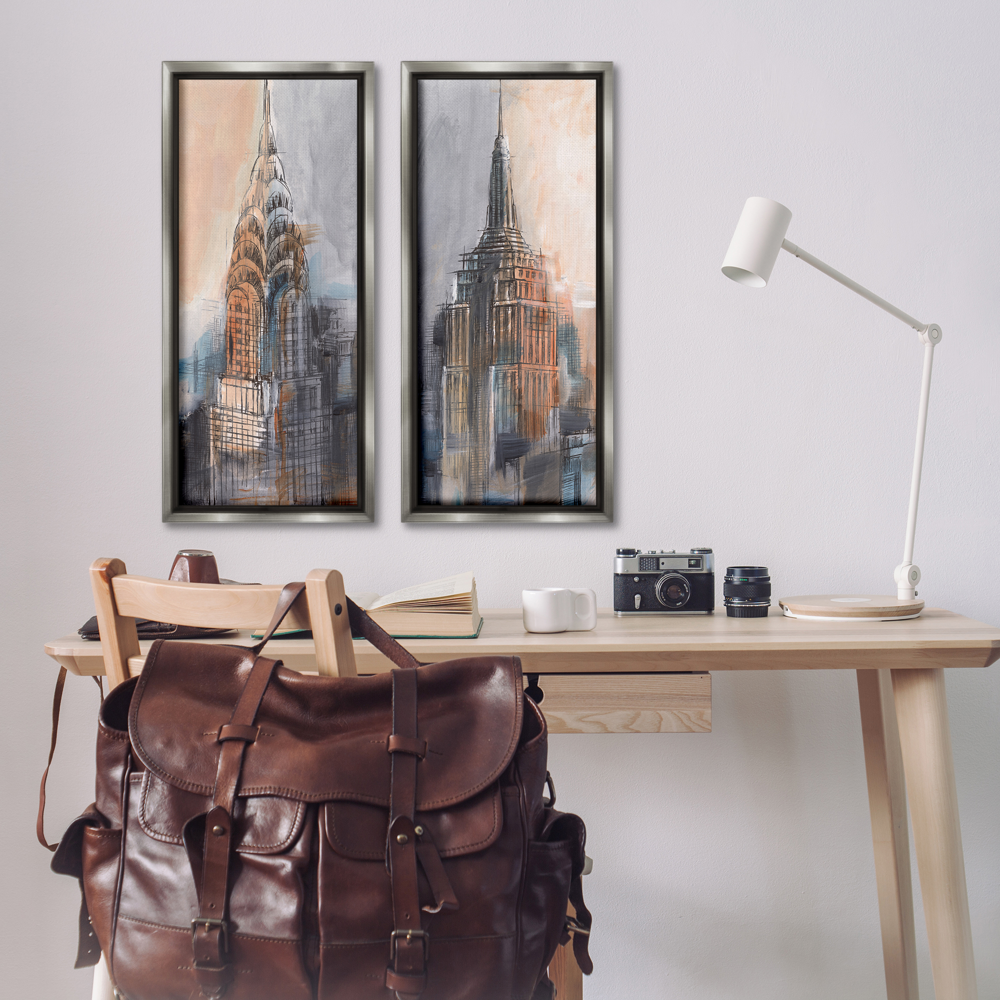 Stupell Industries City Architecture Sketches Scenic & Cityscapes Painting Gray Floater Framed Canvas Art Print Wall Art, 14 x 31, Set of 2