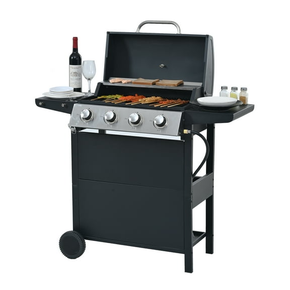 Propane Gas Grill 4 Burner, Stainless Steel BBQ Grill 34000 BTU for Patio, Outdoor Kitchen, Garden Barbecue with Shelves & Wheels