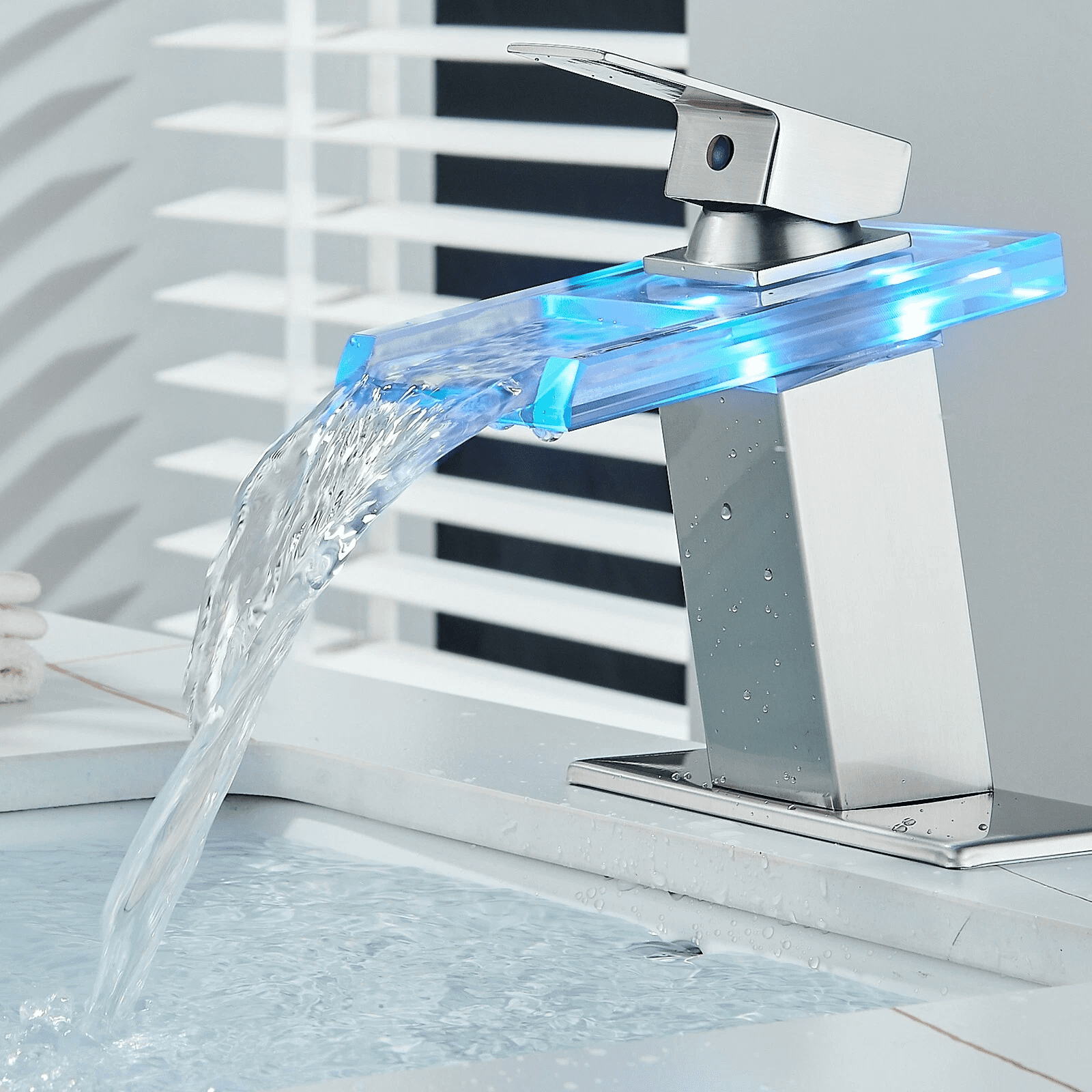 Zovajonia Brushed Nickel LED Bathroom Sink Faucet Single Hole 4 Inch Centerset Waterfall Faucet Glass Spout with Deck Plate