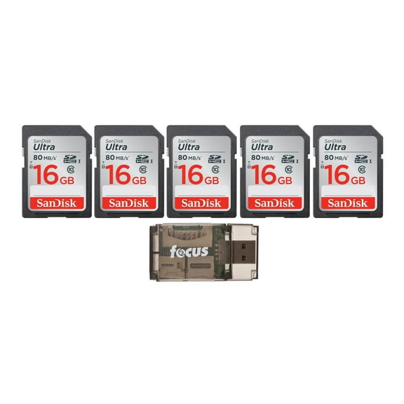 SanDisk Ultra 16GB Class SD Memory Card (5-Pack) with High Speed USB Card Reader