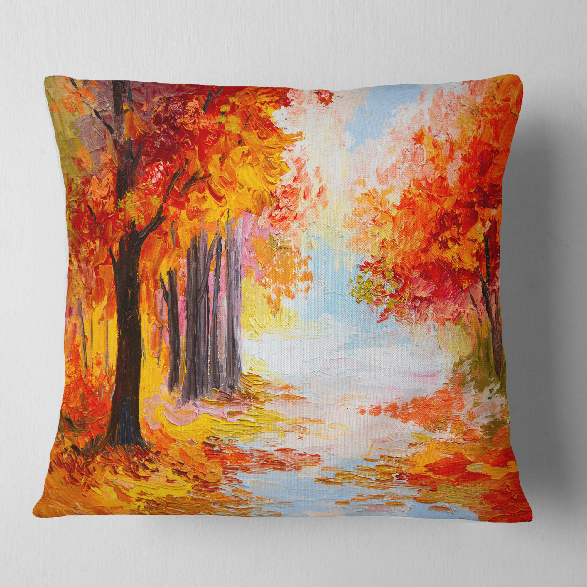 Designart Orange Forest in Autumn - Landscape Printed Throw Pillow - 18x18