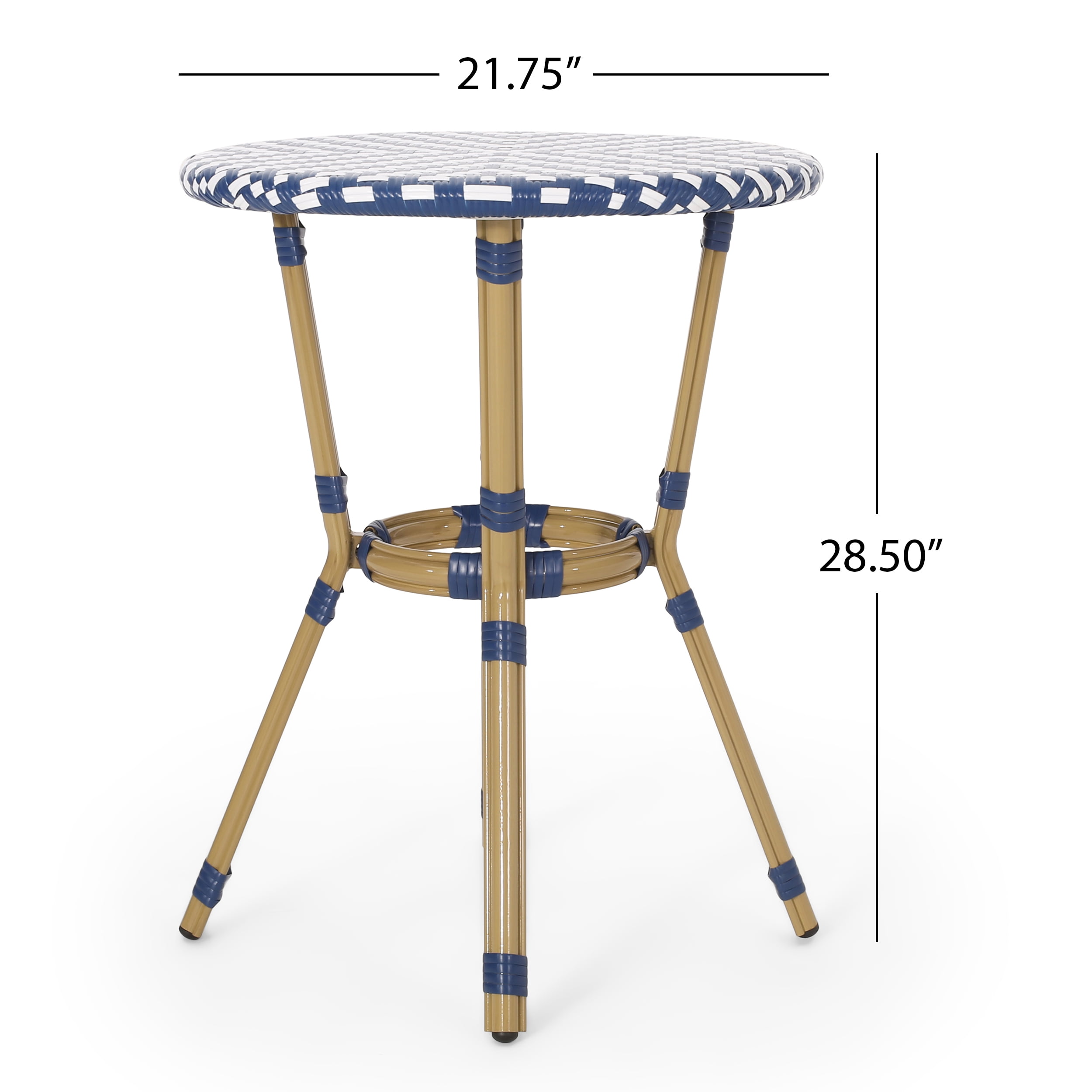 Noble House Groveport Outdoor 21.75" French Round Aluminum Bistro Table with Tabletop, White/Navy Blue