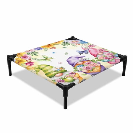 Cute Gnomes Elevated Dog Bed Watercolor Country Spring Colorful Flowers Butterfly Gradient Yellow Cooling Breathable Outdoor Raised Dog Cot Bed with Metal Frame Non-Slip Feet for Small Dog 20x20in