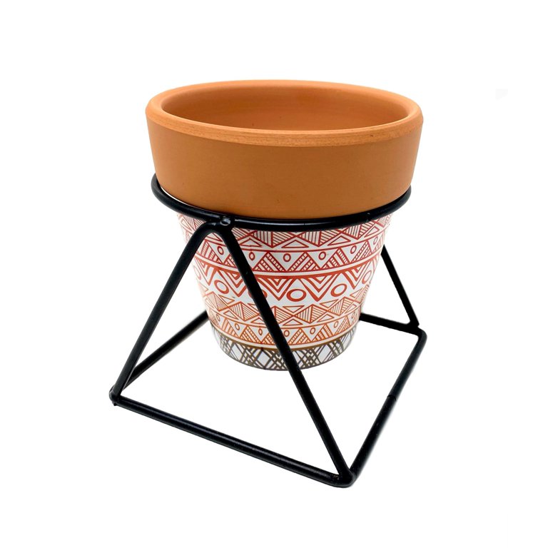 Tj Global Succulent Cactus Tribal-Print Terracotta Planter Pot with Iron Frame Stand Holder, Small Plant Pot with Drainage, Home Office Desk Garden