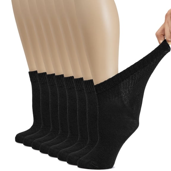 HUGH UGOLI Women's Cotton Diabetic Ankle Socks, Wide, Thin, Loose Fit and Stretchy, Seamless Toe & Non Binding Top, 8 Pairs, Black, Shoe Size: 6-9