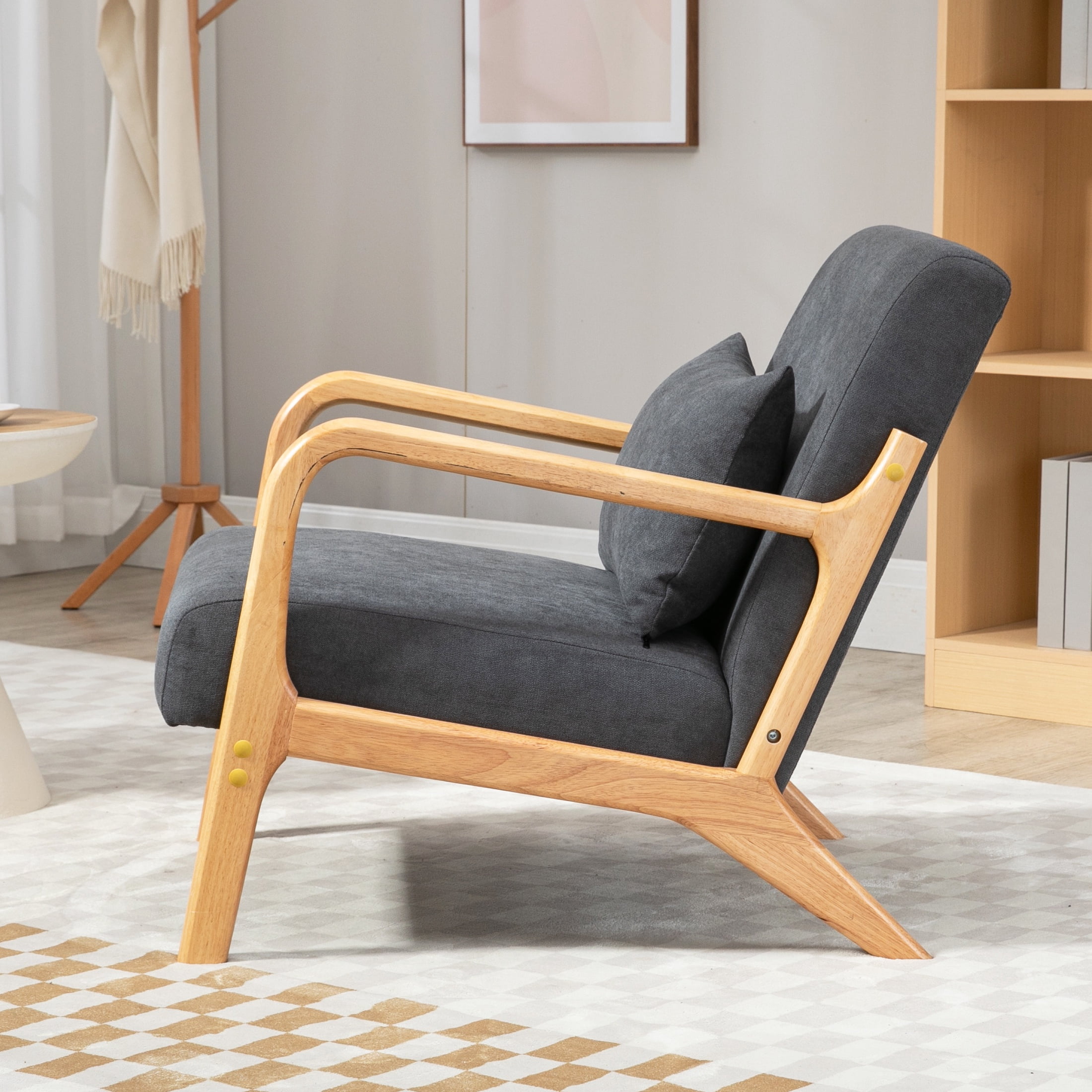 PORKISS Modern Arm Chair Velvet Fabric Upholstered Comfy Reading Accent Chair with Solid Wood Frame and Pillow, Armchair Comfort Club Chair Lounge Chair for Living Room Bedroom Sunroom, Grey