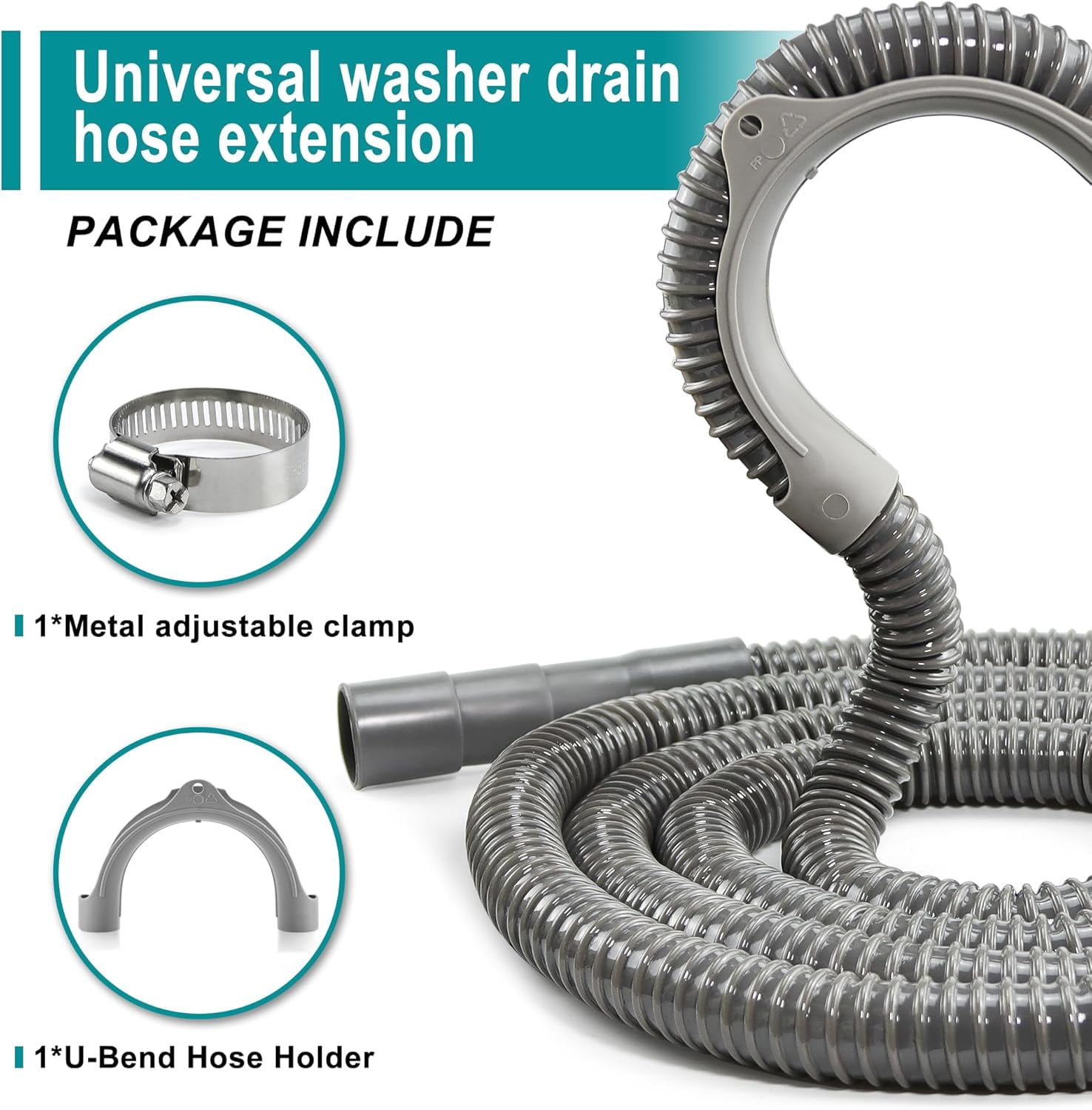 TOMOON 12Ft Universal Washing Machine Drain Hose Flexible Extension Hose with Clamp,Industrial Grade Polypropylene Corrugated,Fit for Most Household Washing Machines(10-Years Warranty)
