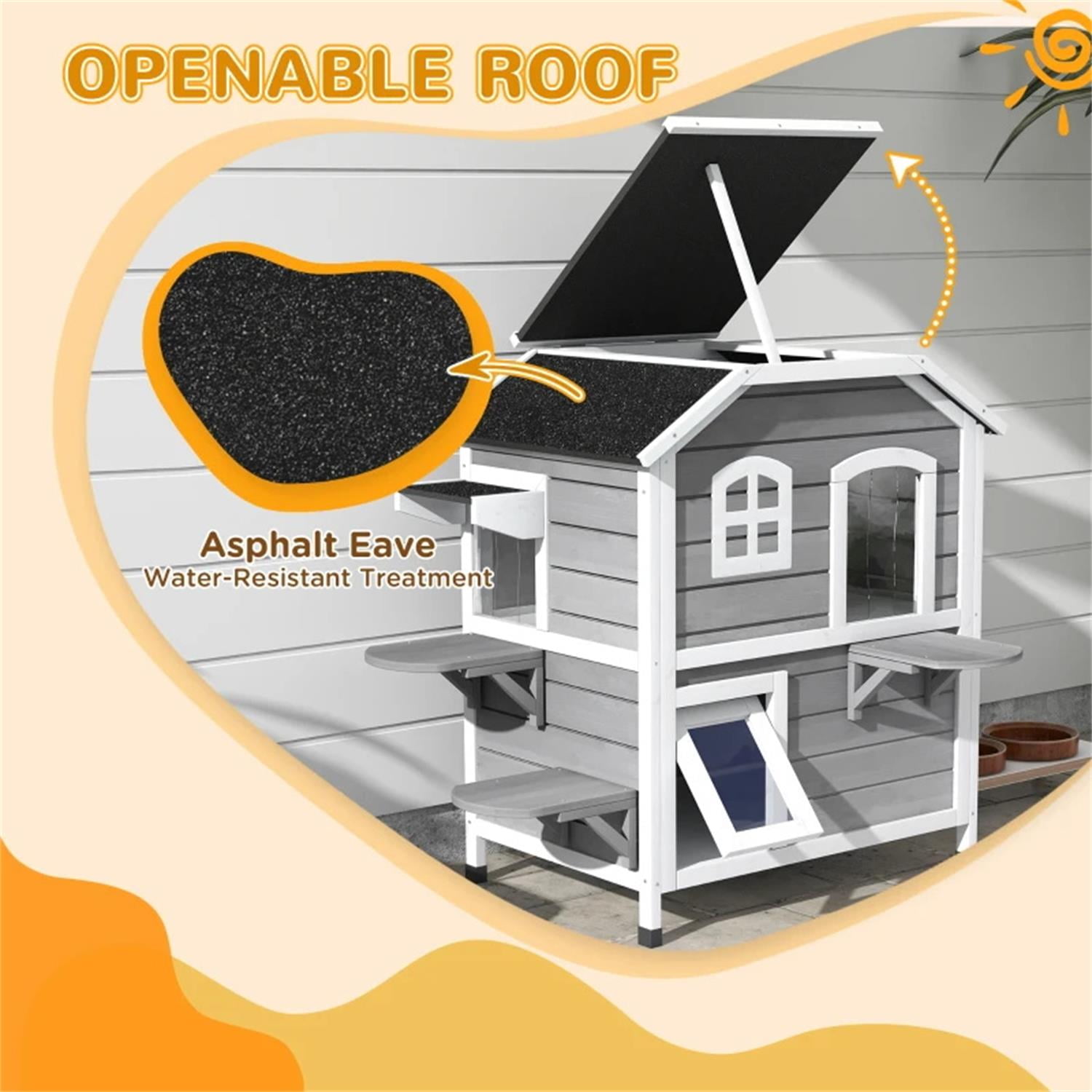 Pefilos 35" Wooden Cat House 2-Story Indoor Outdoor Luxurious Cat Shelter with Jumping Platforms, Openable Weatherproof Roof, Escape Door, Gray