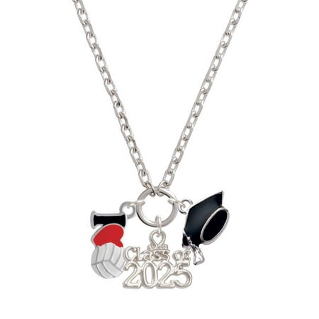 Delight Jewelry Silver-tone I Love Volleyball - Red Heart - Silver-tone Class of 2025 Graduation Zoey Necklace, 28"