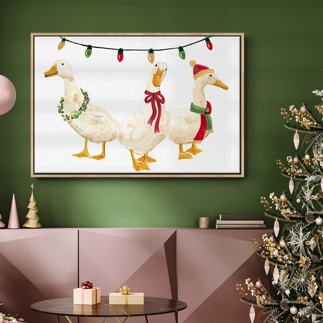 Merry Quackmas Collection A - Framed Gallery Wrapped Holiday Canvas - 17 x 25 - Natural Wood Frame