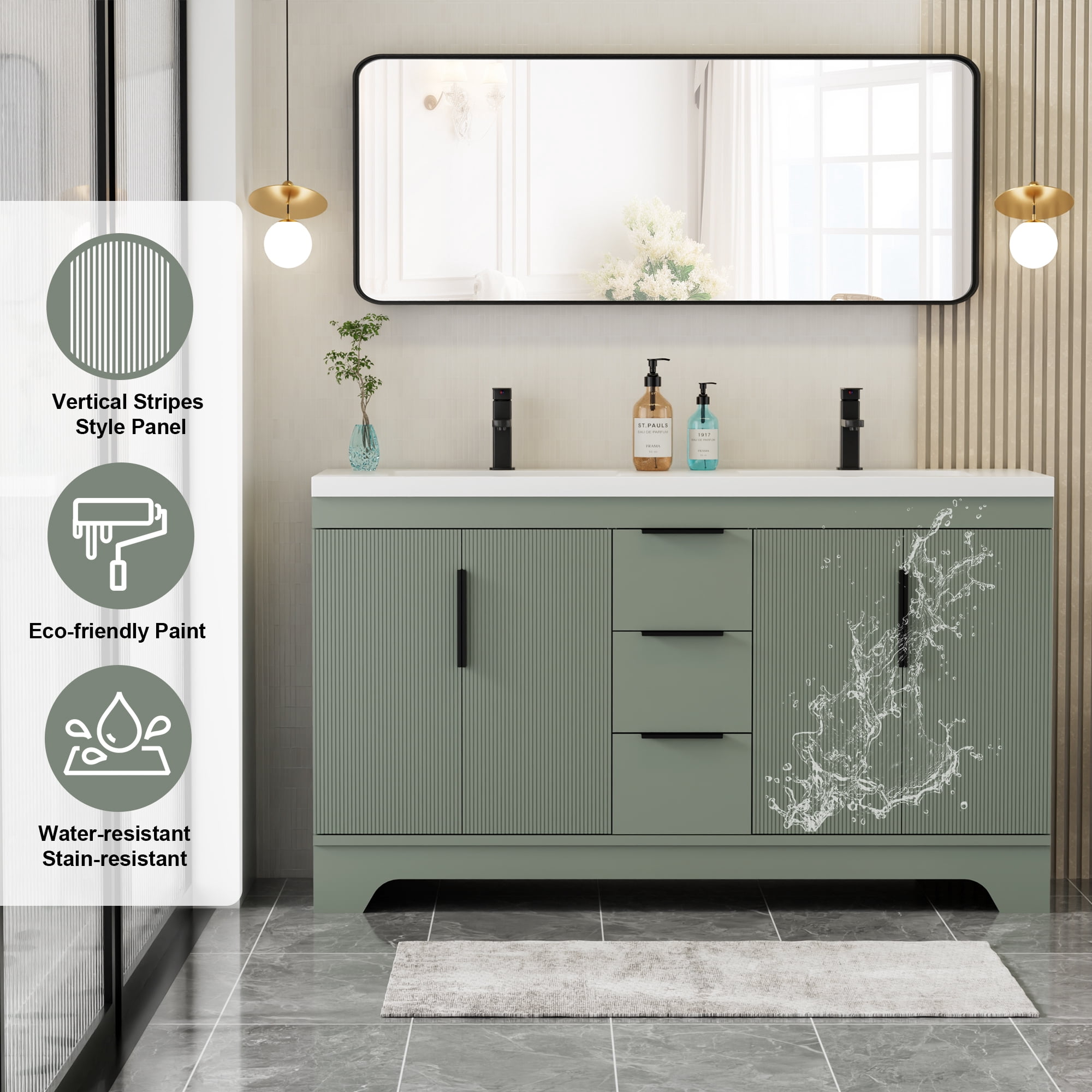 Eclife 60-inch Double Sink Bathroom Vanity with Integrated Tops, Soft-Close Hinges, Fluted Door Design, Mid-Century Modern