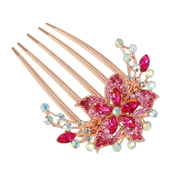 Unique Bargains Women Rhinestone Inlaid Flower Hair Comb Hairpin Hair Accessory Rhinestone Head Pieces Rose Red