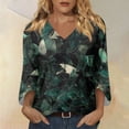 thumbnail image 2 of Delconic Womens V Neck Three Quarter Sleeve Floral Print Casual Loose Fit T Shirt Top Lightweight Soft Fabric Blouse for Daily Wear Office Travel Dark Green L, 2 of 7