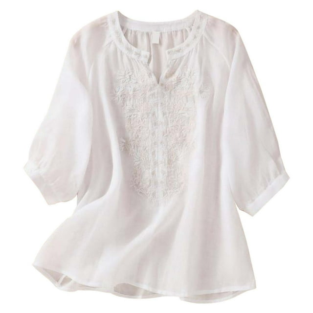 Chemise en Lin Brodée Col en V Simplicité Couleur Unie Manches Trois-Quarts