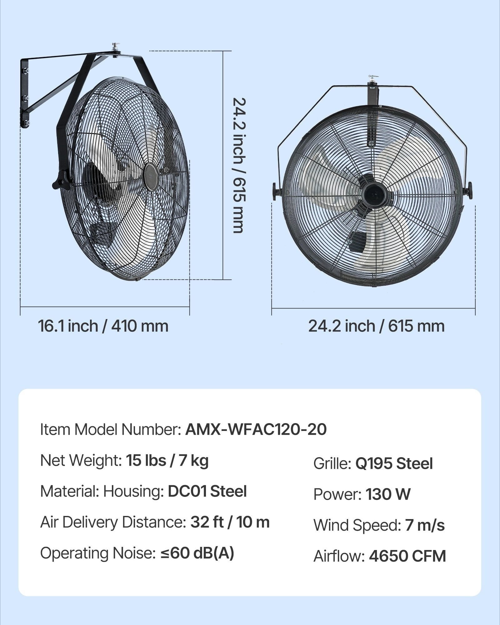 20 Inch Heavy-Duty Wall Mount Fan, 3-Speed 4650 CFM for Garage Workshop Cooling Ventilation
