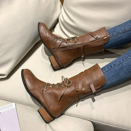 

Women Boots Shoes Laceing Hasp Square Heel Leather Middle Tube Knight Boots