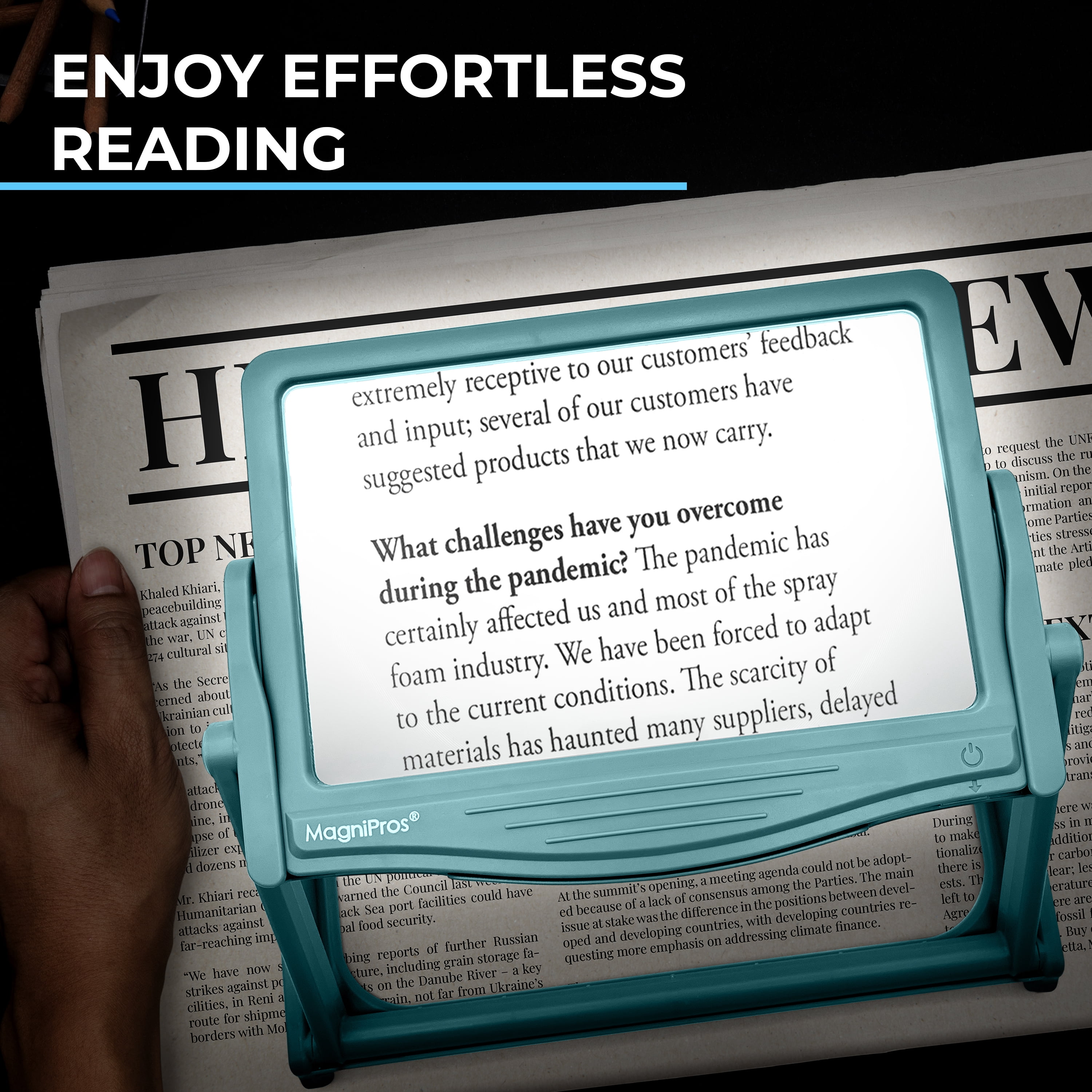 MAGNIPROS 5X Large LED Full Page Magnifying Glass with Collapsible Hands-Free Stand & 3 Color Modes to Reduce Eye Strain, Ideal for Reading Small Prints, Crafting, Low Vision & Seniors