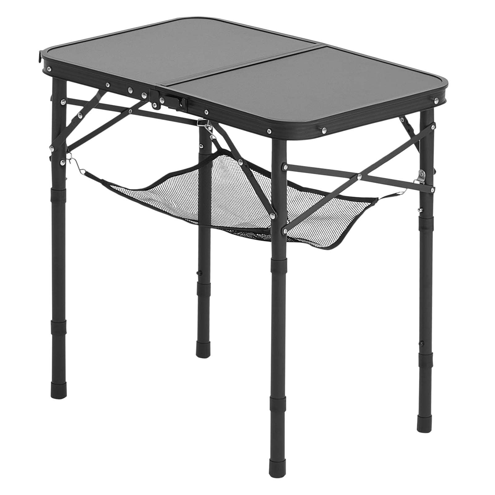 Folding Camping Table, Adjustable Height Portable Side Tables, Aluminum MDF Beach Table with Mesh Layer, Carrying Handle, Lightweight Compact for Outdoor Picnic BBQ Cooking, 24x16in, Black