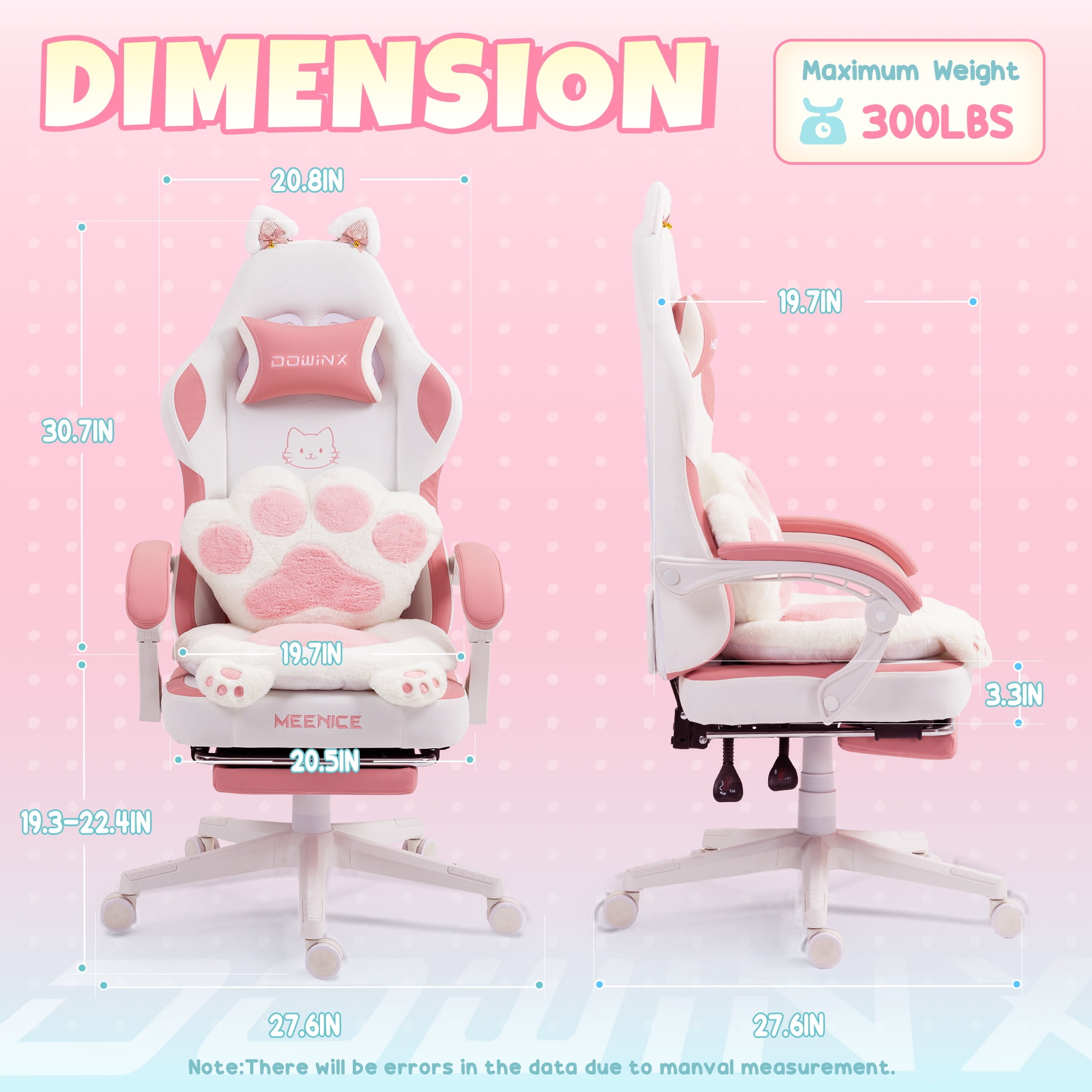GOOSEA Cute Cat Ear Gaming Chair with Paw Print Lumbar Support and Cushion, Ergonomic Computer Desk Chair with Footrest, Reclining PC Game Chair for Girls and Women, 300lbs, Pink and White