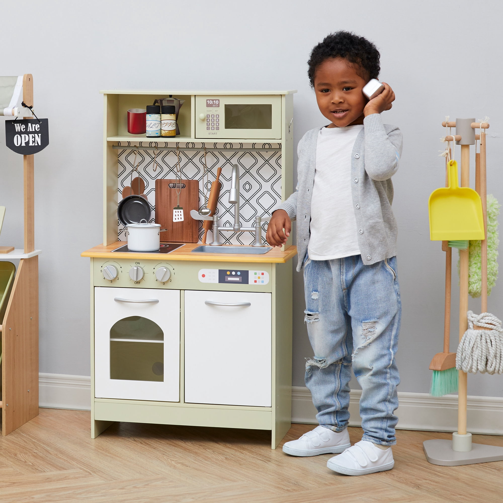 Teamson Kids Little Chef Boston Modern Farmhouse Kitchen Playset with Interactive Features and 9 pc. Accessory Set, Olive Green/White