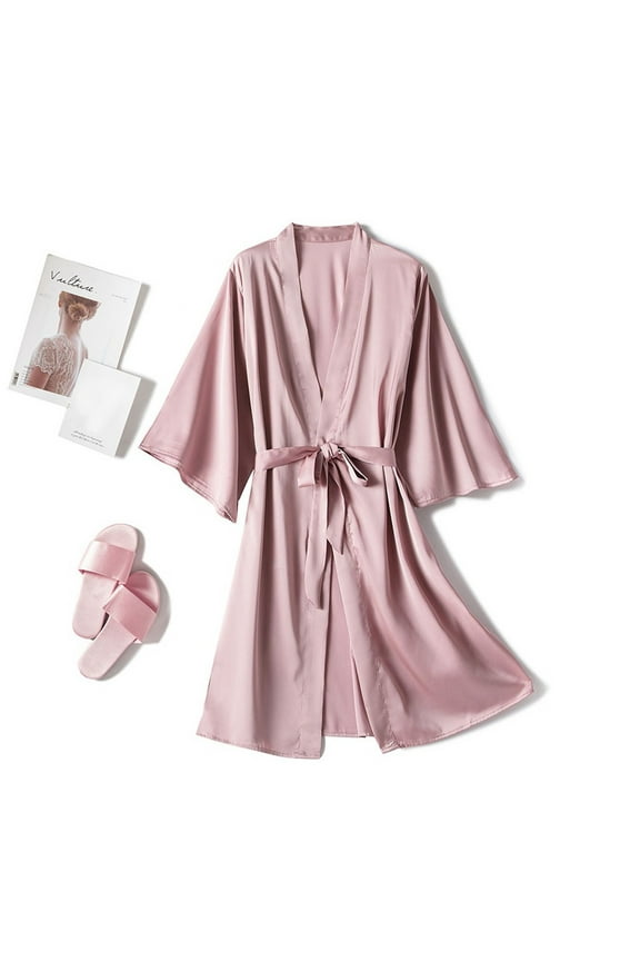 Womens Pajamas Women Robe Lightweight 3/4 Sleeve Knit Bathrobe Summer Soft Knee Length Sleepwear Robes V Neck Lace up Ruffled Short Pajamas Household Clothing Lounge